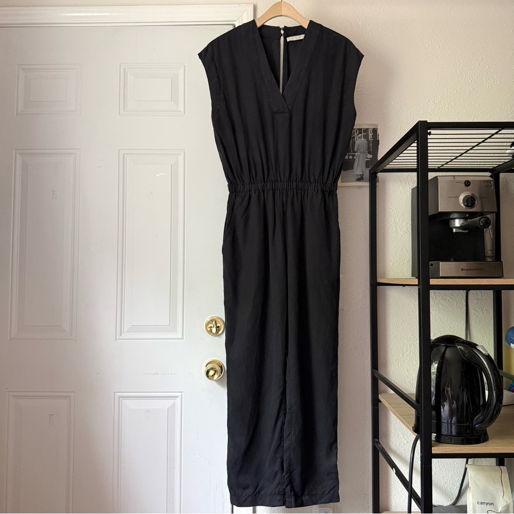 7115 BY SZEKI black tencel sleeveless v neck cropped slim leg jumpsuit
